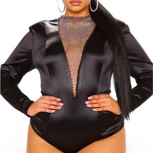 NWT Fashion Nova Dazzle The Night Rhinestone Bodysuit – Black – 1X